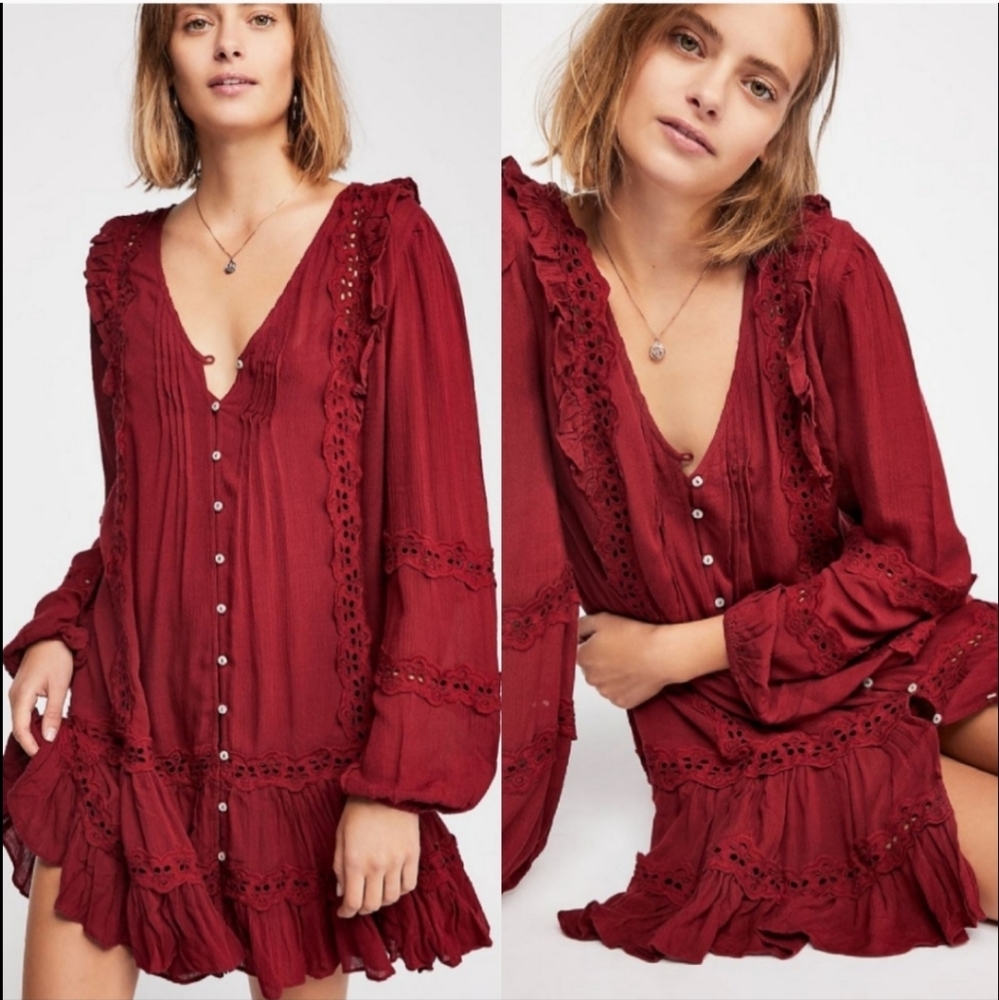 Free People Snow Angel Ruffle Eyelet V-neck Boho Bohemian Mini Dress in Wine